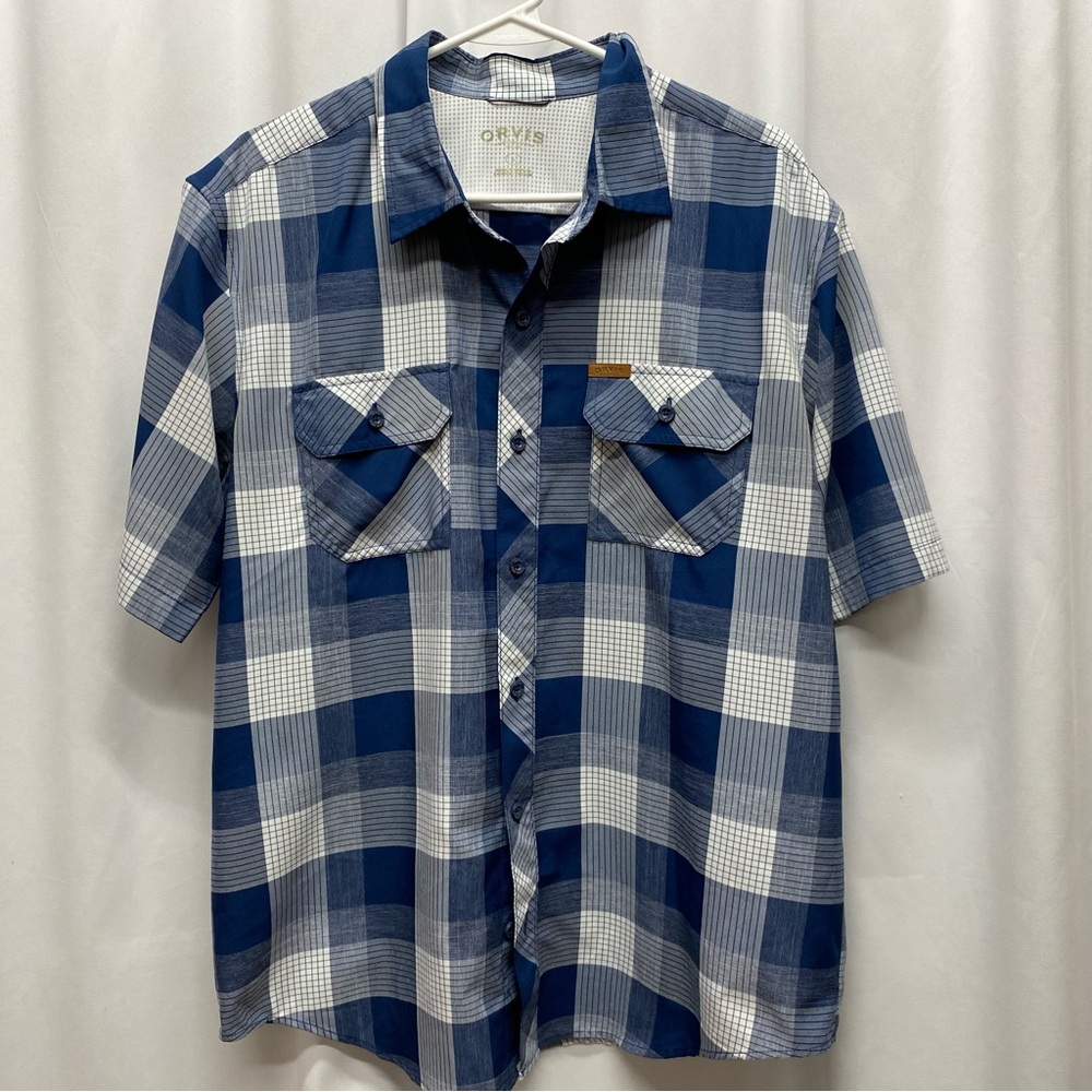 Orvis men's size large blue plaid checkered button up shirt short sleeve